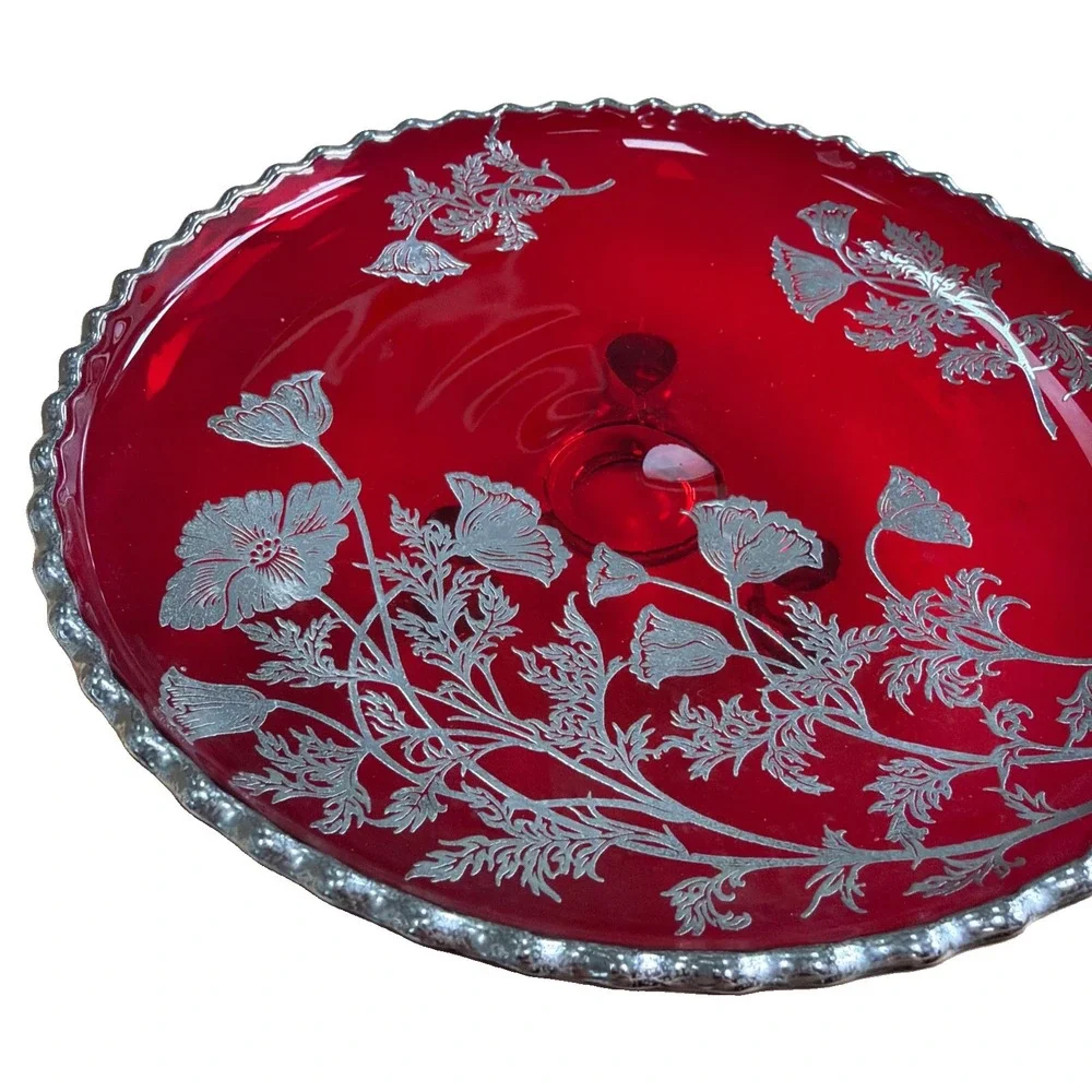 VTG Ruby Red Glass Footed Dish Scalloped Edge Poppy Sterling Overlay  Round 7.5